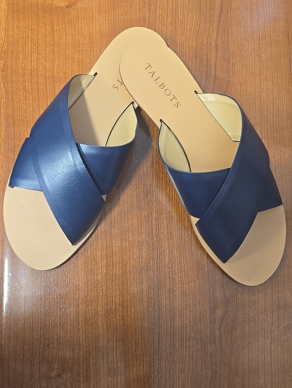 Talbots Navy Leather Cross-Band Slide Sandals NWOT